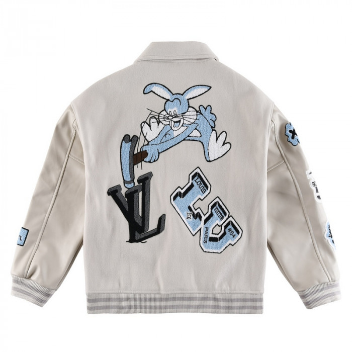 l**is V*t*n multi-patches mixed leather varsity blouson milky white